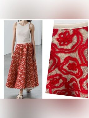 Zara Long Textured Skirt Red Floral Tulle Full A Line High Waist Feminine Medium